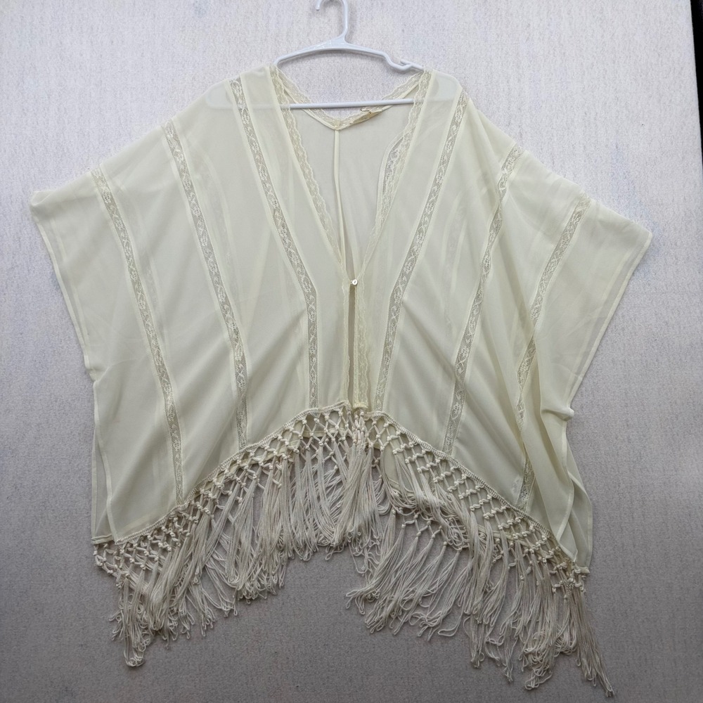 Entro Ivory Lace Trim Fringe Kimono Wrap Sheer Boho Cover Up Cream Medium J2857